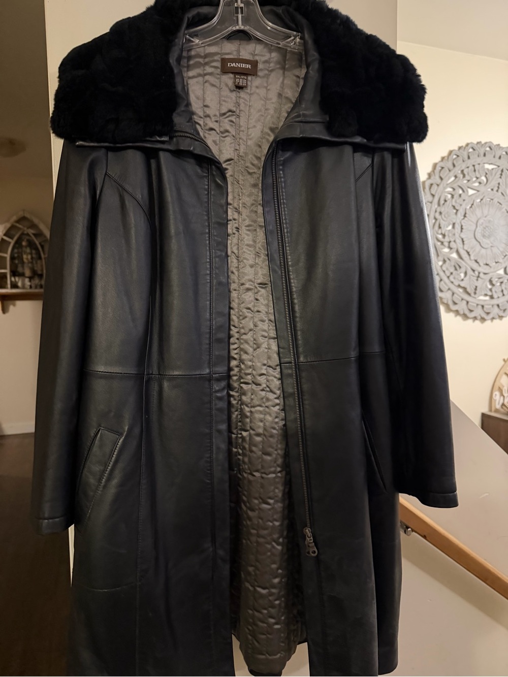 Danier Black Leather Coat with Black Fur Collar